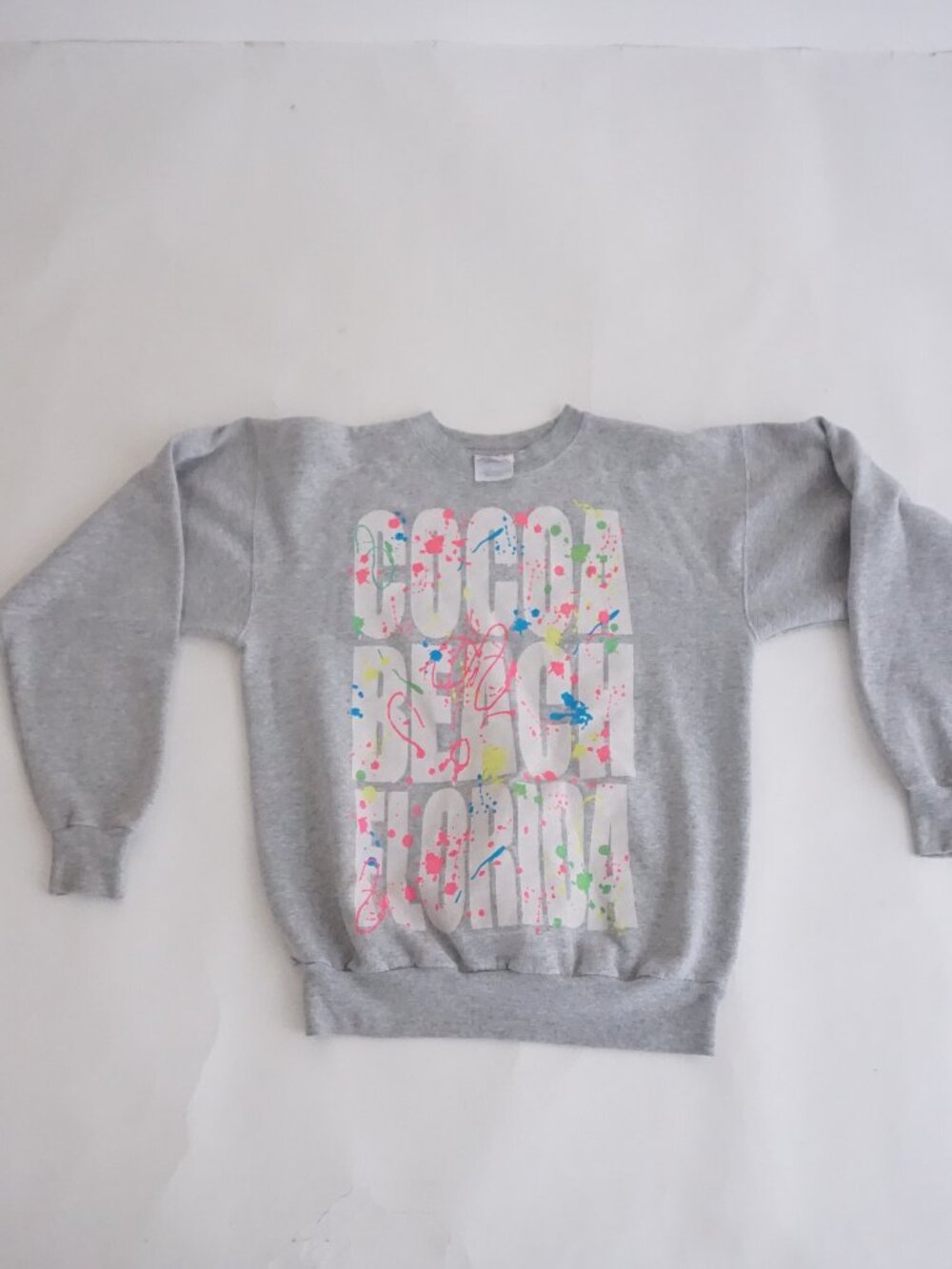Vintage Hanes South Beach Grey Neon Paint Splatter Florida Vacation Sweater S